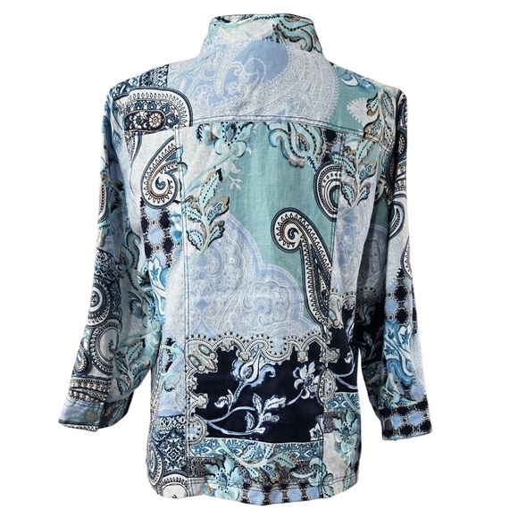 Chico's 100% Linen Blue Floral Paisley Reversible Snap Lightweight Jacket Boho - Picture 2 of 10